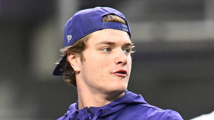 Jan 4, 2026; Minneapolis, Minnesota, USA; Minnesota Vikings quarterback J.J. McCarthy (9) warms up prior to the game against the Green Bay Packers at U.S. Bank Stadium. Mandatory Credit: Jeffrey Becker-Imagn Images