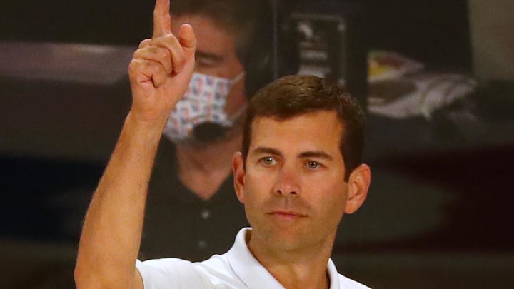 Sep 1, 2020; Lake Buena Vista, Florida, USA; Boston Celtics head coach Brad Stevens reacts during the second half of game two of the second round of the 2020 NBA Playoffs against the Toronto Raptors at ESPN Wide World of Sports Complex. Mandatory Credit: Kim Klement-Imagn Images