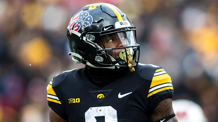 Iowa running back Kaleb Johnson (2) looks up at the scoreboard during a NCAA Big Ten Conference football game against Wisconsin, Saturday, Nov. 12, 2022, at Kinnick Stadium in Iowa City, Iowa.