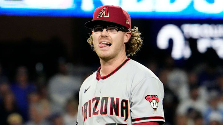 Arizona Diamondbacks relief pitcher Andrew Saalfrank (57) reacts as he leaves the game against the Los Angeles Dodgers in the sixth inning during Game 2 of the NLDS at Dodger Stadium in Los Angeles on Oct. 9, 2023.