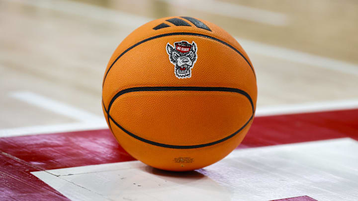 Jan 17, 2026; Raleigh, North Carolina, USA; NC State Wolfpack ball during the second half of the game against the Georgia Tech Yellow Jackets at Lenovo Center. Mandatory Credit: Jaylynn Nash-Imagn Images