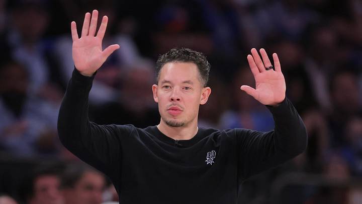 Jun 10, 2026; New York, New York, USA; San Antonio Spurs coach Mitch Johnson looks on in the second quarter against the New York Knicks during game four of the 2026 NBA Finals at Madison Square Garden.