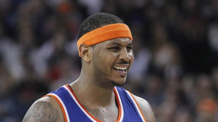 New York Knicks forward Carmelo Anthony reacts after being called for a foul against the Sacramento Kings.