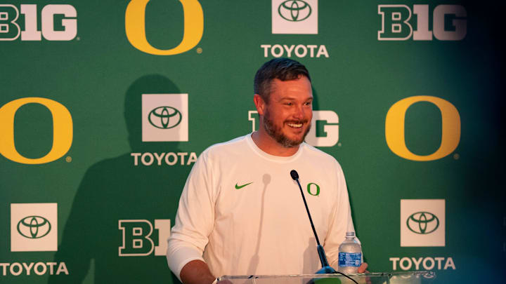 Oregon coach Dan Lanning speaks during Oregon football’s Media Day on July 28, 2025, at Autzen Stadium in Eugene.