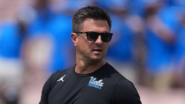 May 2, 2026; Pasadena, CA, USA; UCLA Bruins coach Bob Chesney reacts during the spring game at Rose Bowl. Mandatory Credit: Kirby Lee-Imagn Images