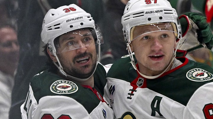 Apr 28, 2026; Dallas, Texas, USA; Minnesota Wild right wing Mats Zuccarello (36) and left wing Kirill Kaprizov (97) and defenseman Jonas Brodin (25) celebrates a goal scored by Zuccarello against the Dallas Stars during the first period in game five of the first round of the 2026 Stanley Cup Playoffs at American Airlines Center. Mandatory Credit: Jerome Miron-Imagn Images