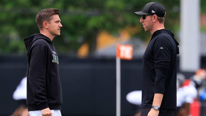 Jacksonville Jaguars general manager James Gladstone, left, and head coach Liam Coen talk during rookie minicamp at the Miller Electric Center, Saturday, May 9, 2026 in Jacksonville, Fla. Today was the second of a three day camp concluding Sunday.