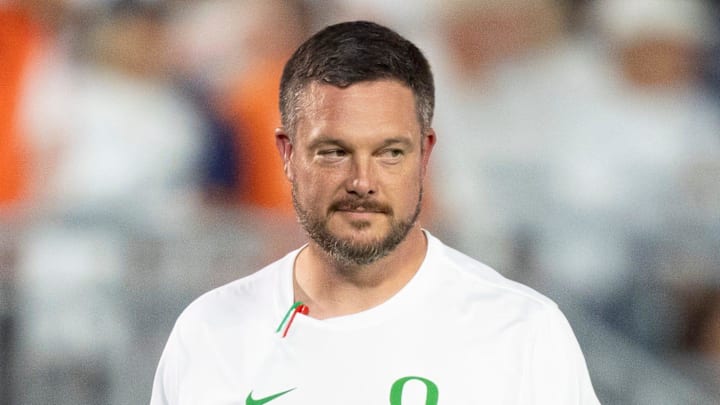 Oregon head coach Dan Lanning walks the field during warmups as the Oregon Ducks face the Penn State Nittany Lions on Sept. 27, 2025, at Beaver Stadium in University Park, Pennsylvania.
