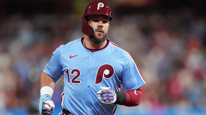 Philadelphia Phillies DH Kyle Schwarber rounds the bases after hitting a two-run home run against the Atlanta Braves.
