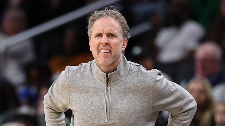 Mar 17, 2024; Washington, District of Columbia, USA; Washington Wizards interim head coach Brian Keefe reacts against the Boston Celtics during the first half of the game at Capital One Arena. Mandatory Credit: Scott Taetsch-Imagn Images