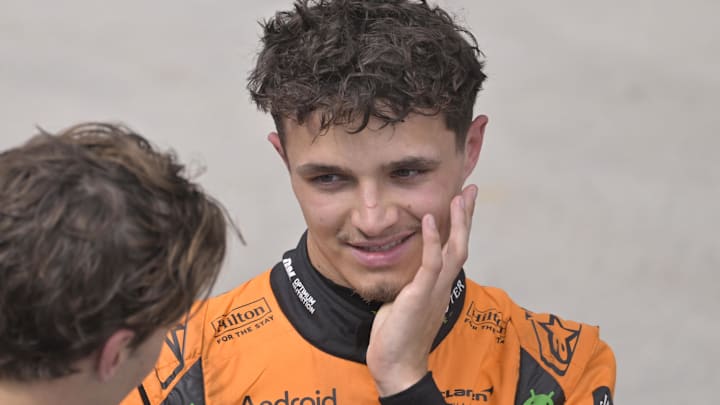 Jun 9, 2024; Montreal, Quebec, CAN; McLaren driver Lando Norris (GBR) (right) talks with Mercedes driver George Russell (GBR)  after the Canadian Grand Prix at Circuit Gilles Villeneuve. Mandatory Credit: Eric Bolte-USA TODAY Sports