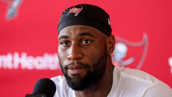 Tampa Bay Buccaneers linebacker Haason Reddick (5) talks to media after training camp at AdventHealth Training Center.