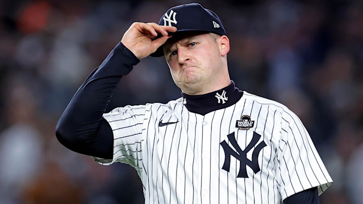 Oct 28, 2024; New York, New York, USA; New York Yankees pitcher Clarke Schmidt (36) reacts after getting the last out against the Los Angeles Dodgers in the top of the first inning in game three of the 2024 MLB World Series at Yankee Stadium Oct 28, 2024; New York, New York, USA; New York Yankees pitcher Clarke Schmidt (36) reacts after getting the last out against the Los Angeles Dodgers in the top of the first inning in game three of the 2024 MLB World Series at Yankee Stadium