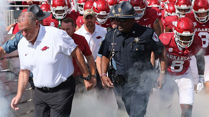 Arkansas Razorbacks coach Sam Pittman leads his team onto the field prior to the game against the UAB Blazers at Razorback Stadium.