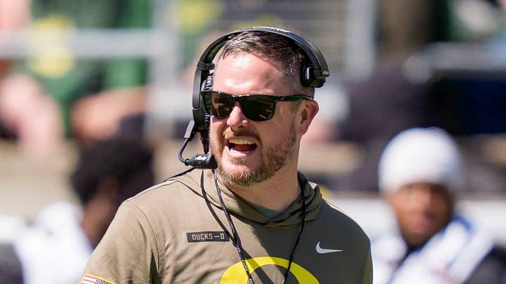 Oregon head coach Dan Lanning walks the field during the Oregon Ducks annual spring game on April 25, 2026 at Autzen Stadium in Eugene, Oregon.