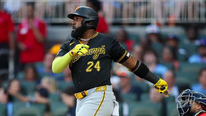 Jun 5, 2026; Atlanta, Georgia, USA; Pittsburgh Pirates designated hitter Marcell Ozuna (24) hits a single against the Atlanta Braves in the third inning at Truist Park. Mandatory Credit: Brett Davis-Imagn Images Jun 5, 2026; Atlanta, Georgia, USA; Pittsburgh Pirates designated hitter Marcell Ozuna (24) hits a single against the Atlanta Braves in the third inning at Truist Park. Mandatory Credit: Brett Davis-Imagn Images