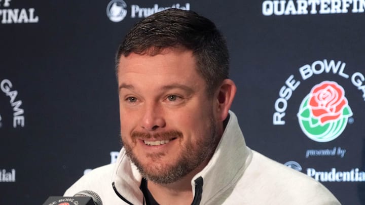 Dec 30, 2024; Los Angeles, CA, USA; Oregon Ducks head coach Dan Lanning during Rose Bowl media day at Sheraton Grand LA. Mandatory Credit: Kirby Lee-Imagn Images