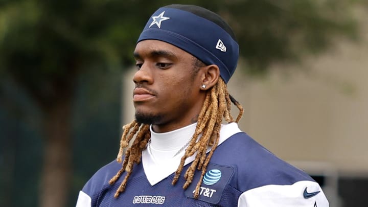Jun 10, 2025; Arlington, TX, USA;  Dallas Cowboys cornerback Shavon Revel Jr. (27) goes through a drill during practice at the Ford Center at the Star Training Facility in Frisco, Texas. Mandatory Credit: Chris Jones-Imagn Images