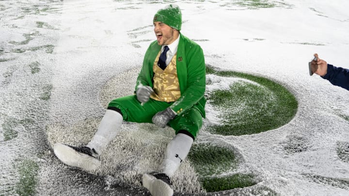 Nov 19, 2022; South Bend, Indiana, USA; The Notre Dame Leprechaun reacts after the Notre Dame Fighting Irish defeated the Boston College Eagles 44-0 at Notre Dame Stadium. 