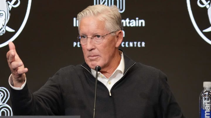 Jan 27, 2025; Las Vegas, NV, USA; Las Vegas Raiders coach Pete Carroll at press conference at Intermountain Health Performance Center. Mandatory Credit: Kirby Lee-Imagn Images