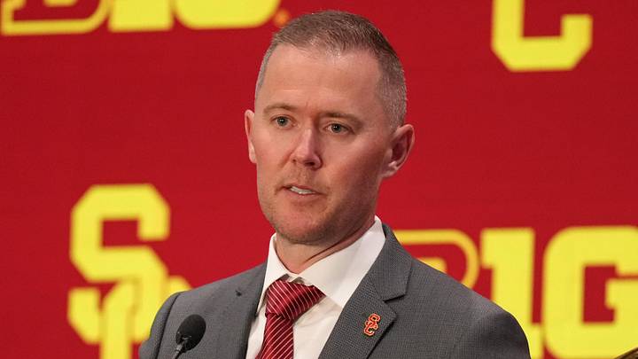 Jul 24, 2025; Las Vegas, NV, USA; USC head coach Lincoln Riley speaks to the media during the Big Ten NCAA college football media days at Mandalay Bay Resort. Mandatory Credit: Lucas Peltier-Imagn Images
