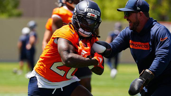 Jun 16, 2026; Englewood, CO, USA; Denver Broncos running back Jonah Coleman (20) during mini camp at Broncos Park. 