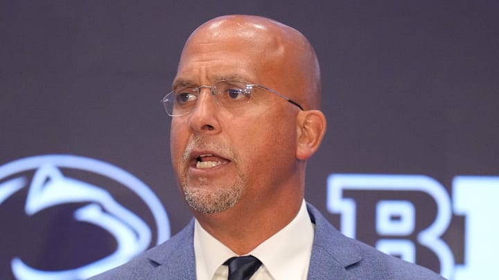 Jul 23, 2025; Las Vegas, NV, USA; Penn State head coach James Franklin speaks to the media during the Big Ten NCAA college football media days at Mandalay Bay Resort. Mandatory Credit: Lucas Peltier-Imagn Images