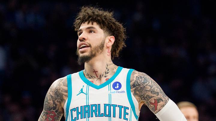Apr 5, 2026; Minneapolis, Minnesota, USA; Charlotte Hornets guard LaMelo Ball (1) during a stoppage in the first quarter against the Minnesota Timberwolves at Target Center. Mandatory Credit: Matt Blewett-Imagn Images