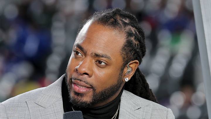 Richard Sherman is seen on the Thursday Night Football set