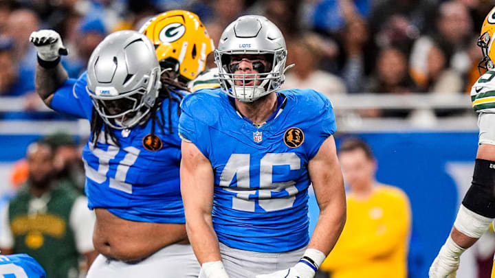 Detroit Lions linebacker Jack Campbell (46) celebrates a tackle against Green Bay Packers 