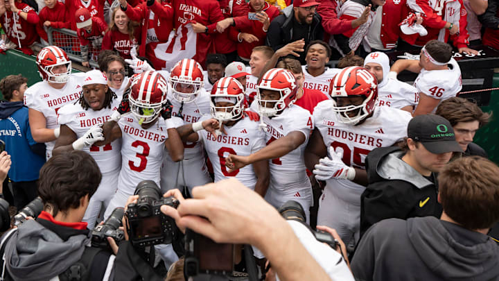 Indiana players cheer after defeating the Oregon Ducks Oct. 11, 2025, at Autzen Stadium in Eugene, Oregon.