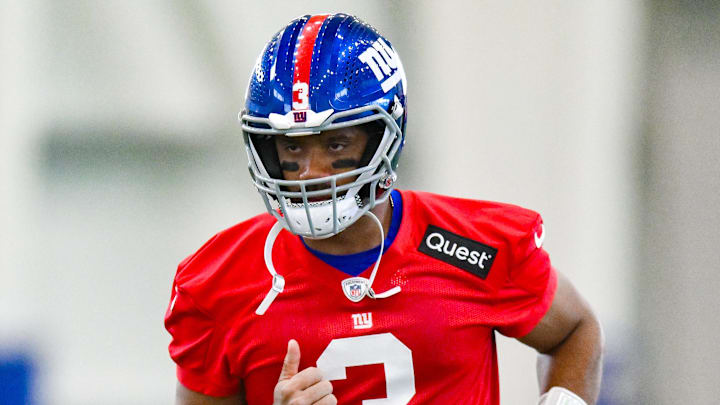 Jun 18, 2025; East Rutherford, NJ, USA; New York Giants quarterback Russell Wilson (3) warms up during minicamp at Quest Diagnostics Training Center. Jun 18, 2025; East Rutherford, NJ, USA; New York Giants quarterback Russell Wilson (3) warms up during minicamp at Quest Diagnostics Training Center.