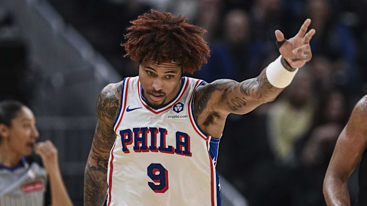Feb 3, 2026; San Francisco, California, USA; Philadelphia 76ers guard Kelly Oubre Jr. (9) reacts after a three point basket during the third period against the Golden State Warriors at Chase Center. Mandatory Credit: Justine Willard-Imagn Images Feb 3, 2026; San Francisco, California, USA; Philadelphia 76ers guard Kelly Oubre Jr. (9) reacts after a three point basket during the third period against the Golden State Warriors at Chase Center. Mandatory Credit: Justine Willard-Imagn Images