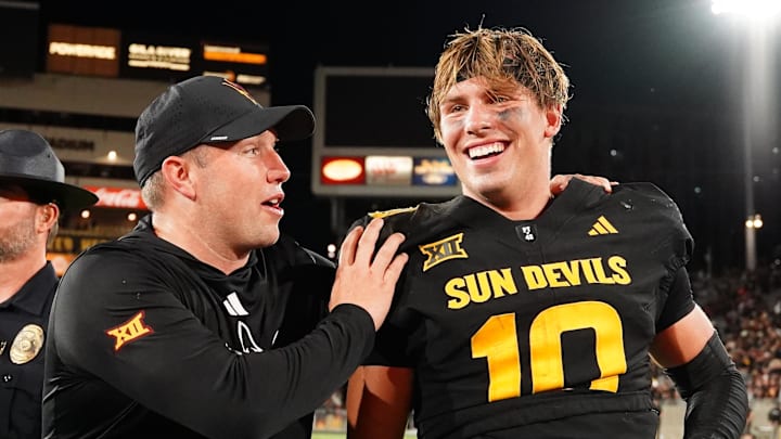 Sep 26, 2025; Tempe, Arizona, USA; Arizona State Sun Devils quarterback Sam Leavitt (10) celebrates with head coach Kenny Dillingham after win against TCU Horned Frogs at Mountain America Stadium, Home of the ASU Sun Devils. Mandatory Credit: Jacob Reiner-Imagn Images Sep 26, 2025; Tempe, Arizona, USA; Arizona State Sun Devils quarterback Sam Leavitt (10) celebrates with head coach Kenny Dillingham after win against TCU Horned Frogs at Mountain America Stadium, Home of the ASU Sun Devils. Mandatory Credit: Jacob Reiner-Imagn Images