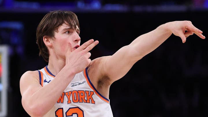New York Knicks guard Tyler Kolek reacts after making a basket during the second half against the Cleveland Cavaliers