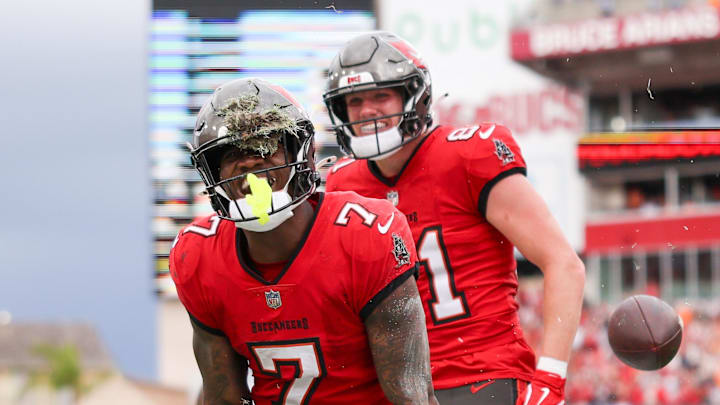 Tampa Bay Buccaneers running back Bucky Irving celebrates after scoring a touchdown against the Carolina Panthers. Tampa Bay Buccaneers running back Bucky Irving celebrates after scoring a touchdown against the Carolina Panthers.