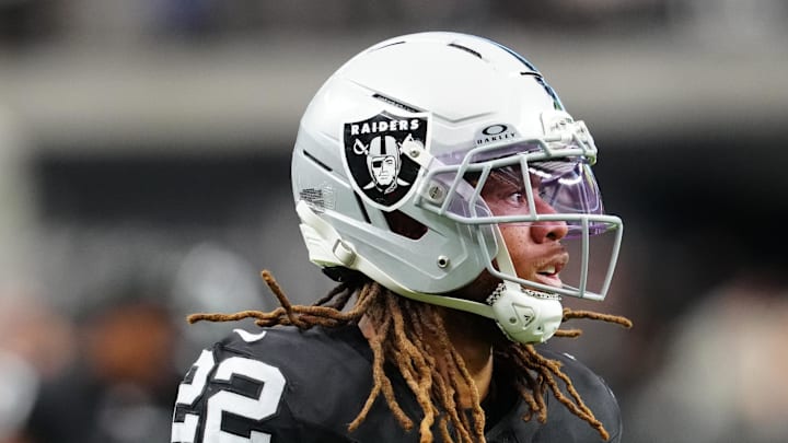 Dec 28, 2025; Paradise, Nevada, USA; Las Vegas Raiders cornerback Eric Stokes (22) warms up before the game against the New York Giants at Allegiant Stadium. Mandatory Credit: Stephen R. Sylvanie-Imagn Images