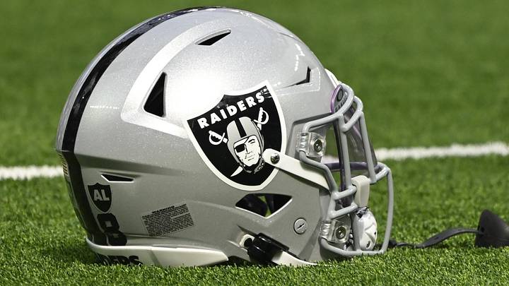 Oct 20, 2024; Inglewood, California, USA; Las Vegas Raiders helmet on the turn at SoFi Stadium during pregame warmups before an NFL game against the Los Angeles Rams. Mandatory Credit: Robert Hanashiro-Imagn Images Oct 20, 2024; Inglewood, California, USA; Las Vegas Raiders helmet on the turn at SoFi Stadium during pregame warmups before an NFL game against the Los Angeles Rams. Mandatory Credit: Robert Hanashiro-Imagn Images