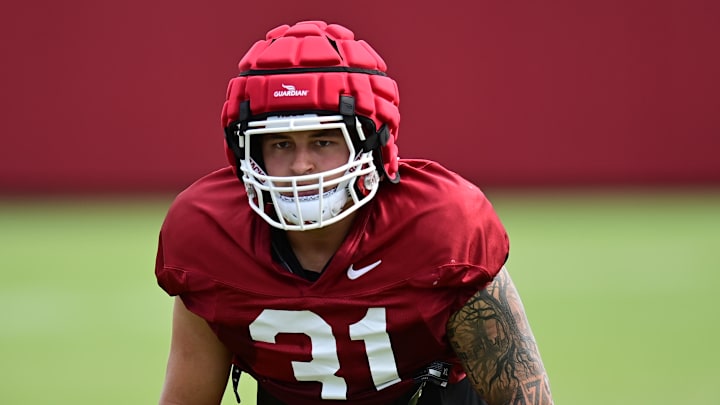 Arkansas Razorbacks linebacker Grant Morgan during a practice on the outdoor fields in Fayetteville, Ark.