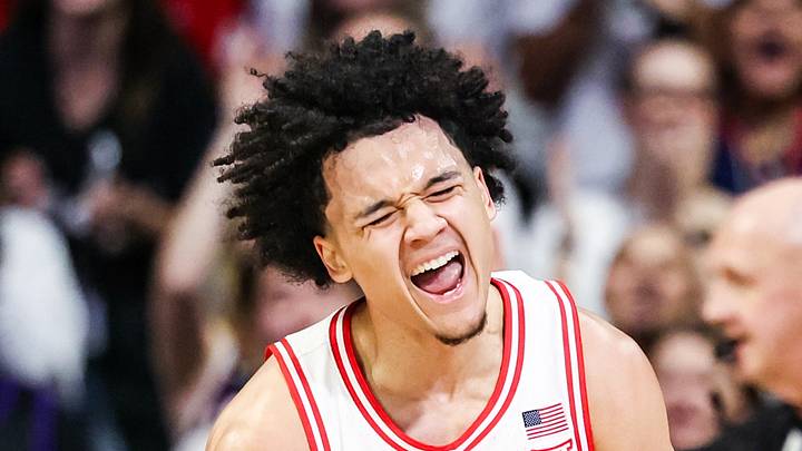 Arizona Wildcats guard Brayden Burries (5) celebrates during the first half of the game against the Oklahoma State Cowboys at McKale Memorial Center on February 7, 2026.