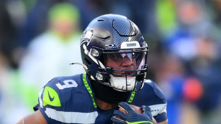 Seattle Seahawks running back Kenneth Walker III runs against the Los Angeles Rams in the 2026 NFC Championship Game.