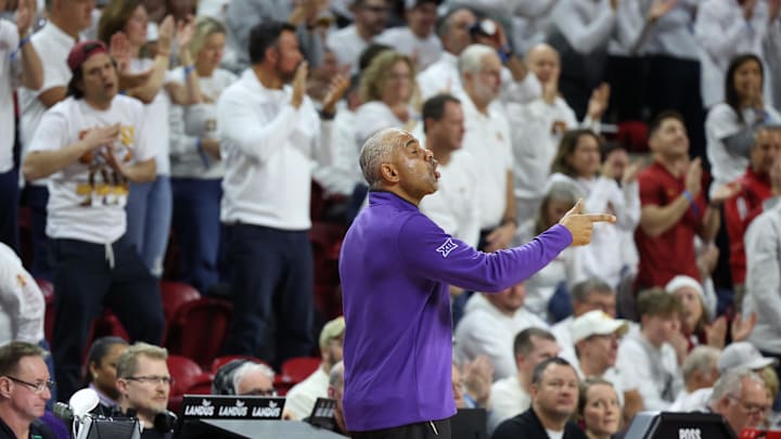 Feb 1, 2025; Ames, Iowa, USA;  Kansas State Wildcats head coach Jerome Tang watches his team play the Iowa State Cyclones during the first half at James H. Hilton Coliseum. Mandatory Credit: Reese Strickland-Imagn Images