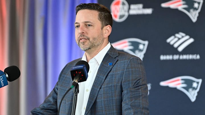 Mar 13, 2025; Foxborough, MA, USA; New England Patriots executive vice president of player personnel Eliot Wolf  discusses the teamís recent free agent additions with the media at Gillette Stadium. Mandatory Credit: Eric Canha-Imagn Images