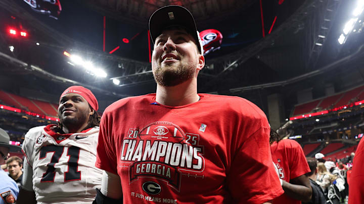 Dec 6, 2025; Atlanta, GA, USA; Georgia Bulldogs offensive lineman Monroe Freeling (57) celebrates after the game against the Alabama Crimson Tide during the 2025 SEC Championship game at Mercedes-Benz Stadium. Mandatory Credit: Brett Davis-Imagn Images