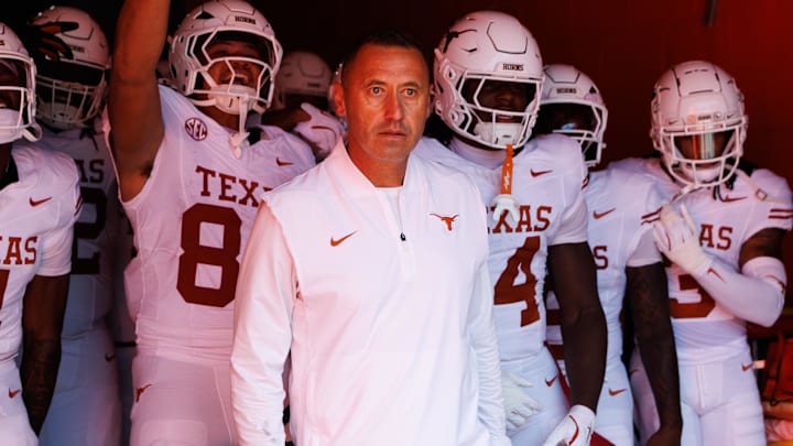 Texas Longhorns head coach Steve Sarkisian leads the team out of the tunnel before a game against the Florida Gators at Ben Hill Griffin Stadium. Texas Longhorns head coach Steve Sarkisian leads the team out of the tunnel before a game against the Florida Gators at Ben Hill Griffin Stadium.