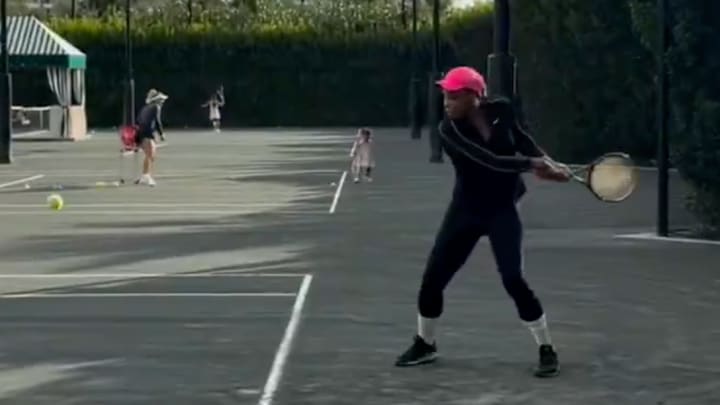 Serena Williams posted a video of her playing tennis alongside her two daughters.