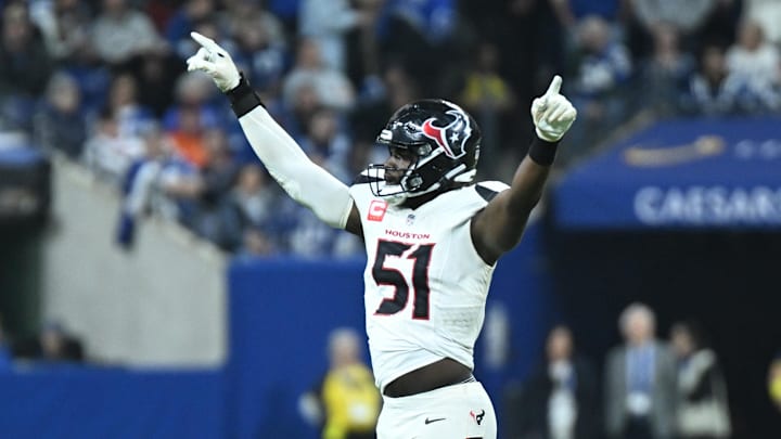 Nov 30, 2025; Indianapolis, Indiana, USA; Houston Texans defensive end Will Anderson Jr. (51) reacts after a play during the second half against the Indianapolis Colts at Lucas Oil Stadium. Mandatory Credit: Robert Goddin-Imagn Images Nov 30, 2025; Indianapolis, Indiana, USA; Houston Texans defensive end Will Anderson Jr. (51) reacts after a play during the second half against the Indianapolis Colts at Lucas Oil Stadium. Mandatory Credit: Robert Goddin-Imagn Images