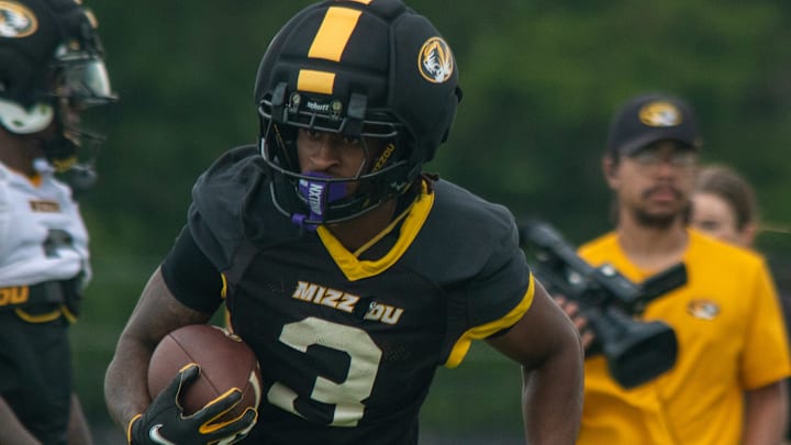 Aug 6, 2025; Columbia, MO, USA; Missouri Tigers wide receiver Kevin Coleman Jr. (3) moves after the catch during a fall camp drill at Mizzou Athletic Training Complex. Aug 6, 2025; Columbia, MO, USA; Missouri Tigers wide receiver Kevin Coleman Jr. (3) moves after the catch during a fall camp drill at Mizzou Athletic Training Complex.