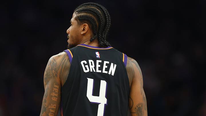 Apr 17, 2026; Phoenix, Arizona, USA; Detailed view of the jersey of Phoenix Suns guard Jalen Green (4) against the Golden State Warriors during the play-in rounds of the 2026 NBA Playoffs at Mortgage Matchup Center. Mandatory Credit: Mark J. Rebilas-Imagn Images Apr 17, 2026; Phoenix, Arizona, USA; Detailed view of the jersey of Phoenix Suns guard Jalen Green (4) against the Golden State Warriors during the play-in rounds of the 2026 NBA Playoffs at Mortgage Matchup Center. Mandatory Credit: Mark J. Rebilas-Imagn Images