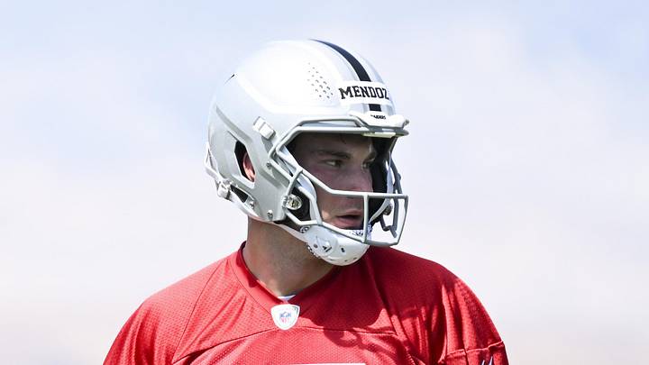 Las Vegas Raiders quarterback Fernando Mendoza runs through a drill during a Rookie Minicamp.
